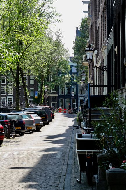 A narrow residential street in Brunswick Park with cobblestone paving, lined with parked cars on the left side and a building façade on the right. The building features black wrought-iron lanterns at
